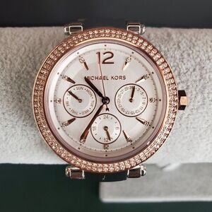 Michael Kors Parker Chrono Silver Rose Gold MK6301 Women's Watch NWOT in Box